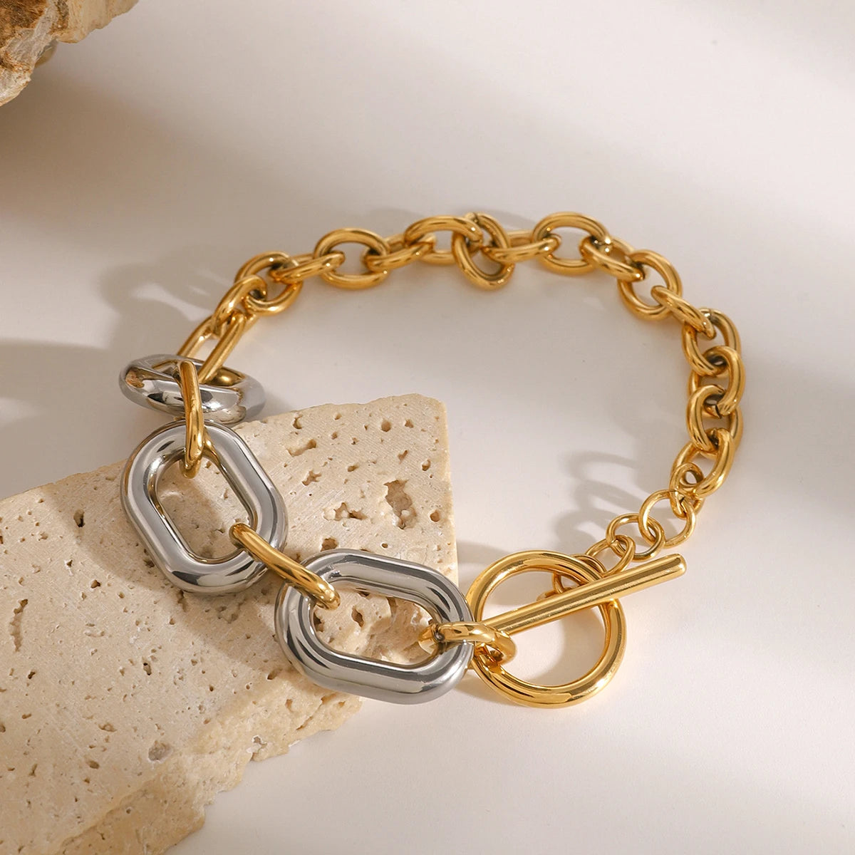 Pulsera De Eslabones Gruesos Combinados Con Broche De Timon | Bicolor