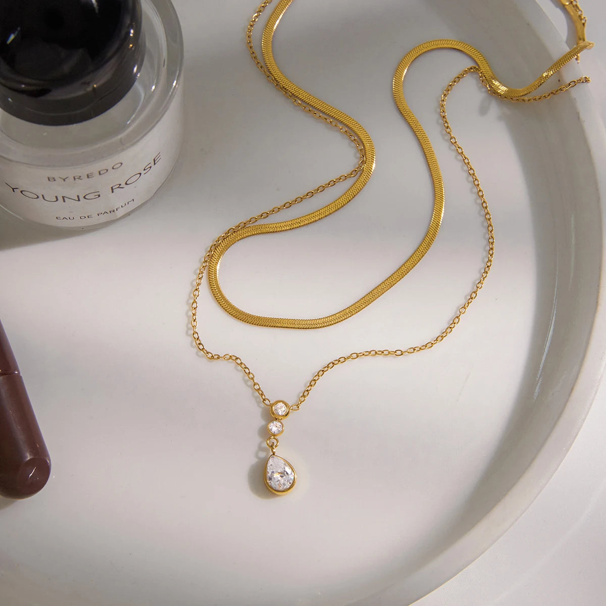 Collar Doble Dije Brillante 3puntos | Dorado