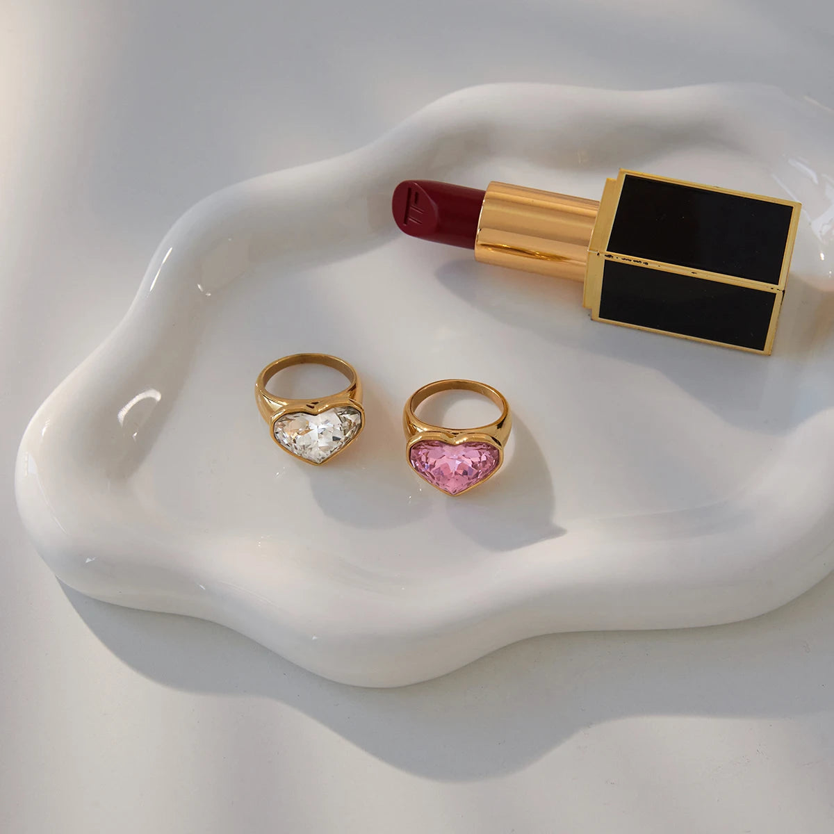 Anillo Grande Corazon Brillante Blanco | Dorado