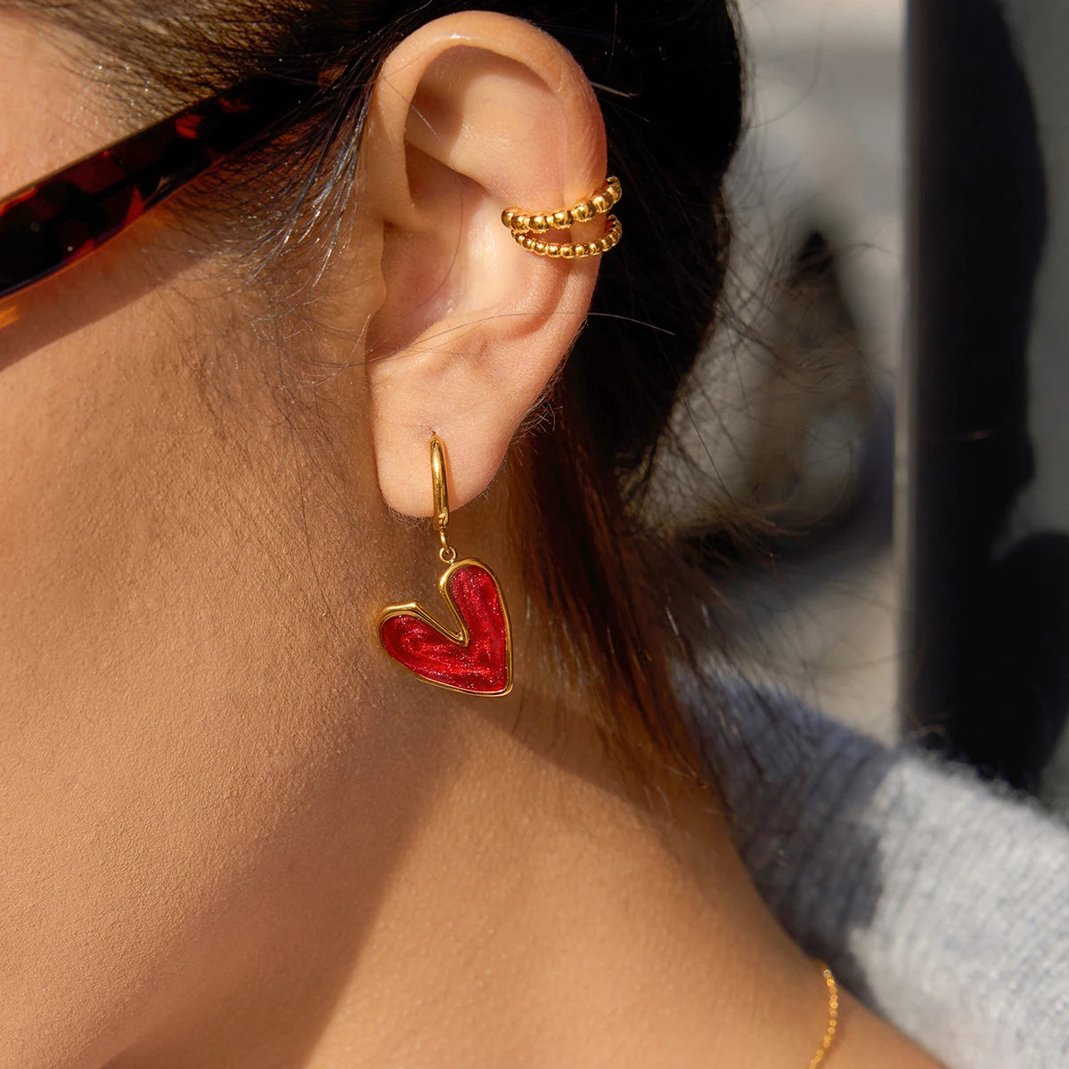 Argolla Corazon Colgante Rojo | Dorado