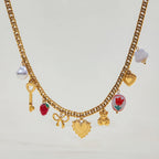 Collar Multi Dijes Llave, Corazon, Cerámica, Lazo, Perla | Dorado