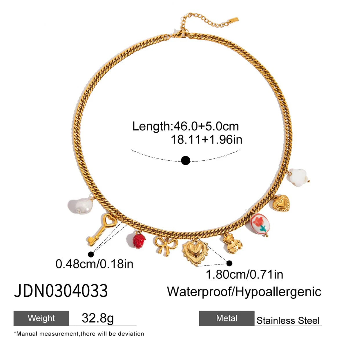 Collar Multi Dijes Llave, Corazon, Cerámica, Lazo, Perla | Dorado