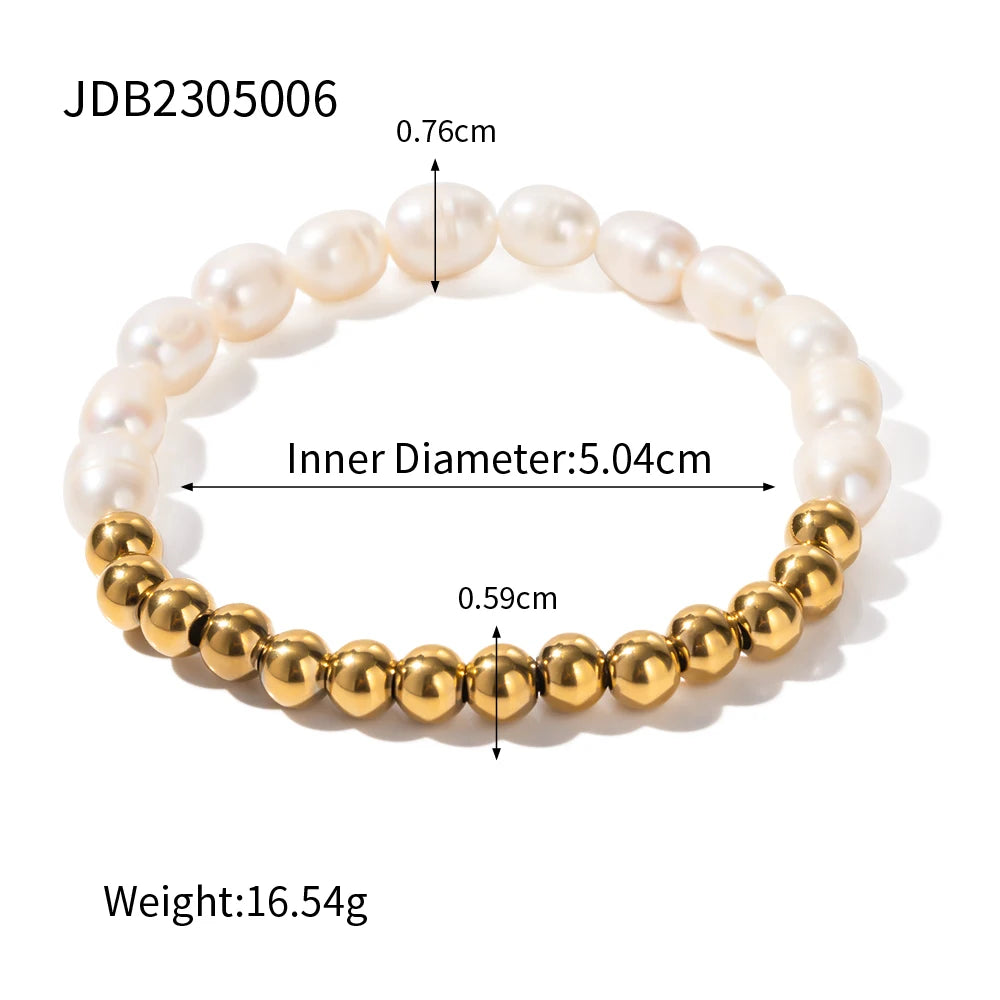 Pulsera Elastica De Perlas Naturales Con Cuentas Esfericas | Dorado