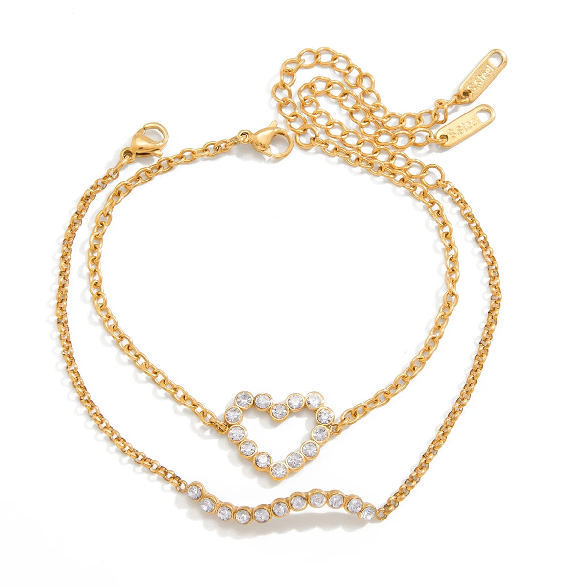 Pulsera Fina Con Hilera Ondulada y Dije De Corazon De Cristales | Dorado
