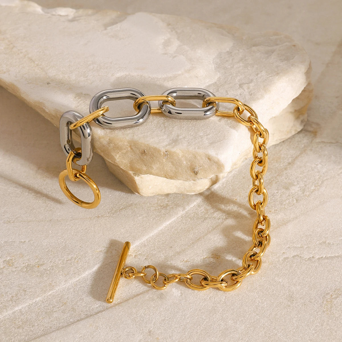 Pulsera De Eslabones Gruesos Combinados Con Broche De Timon | Bicolor