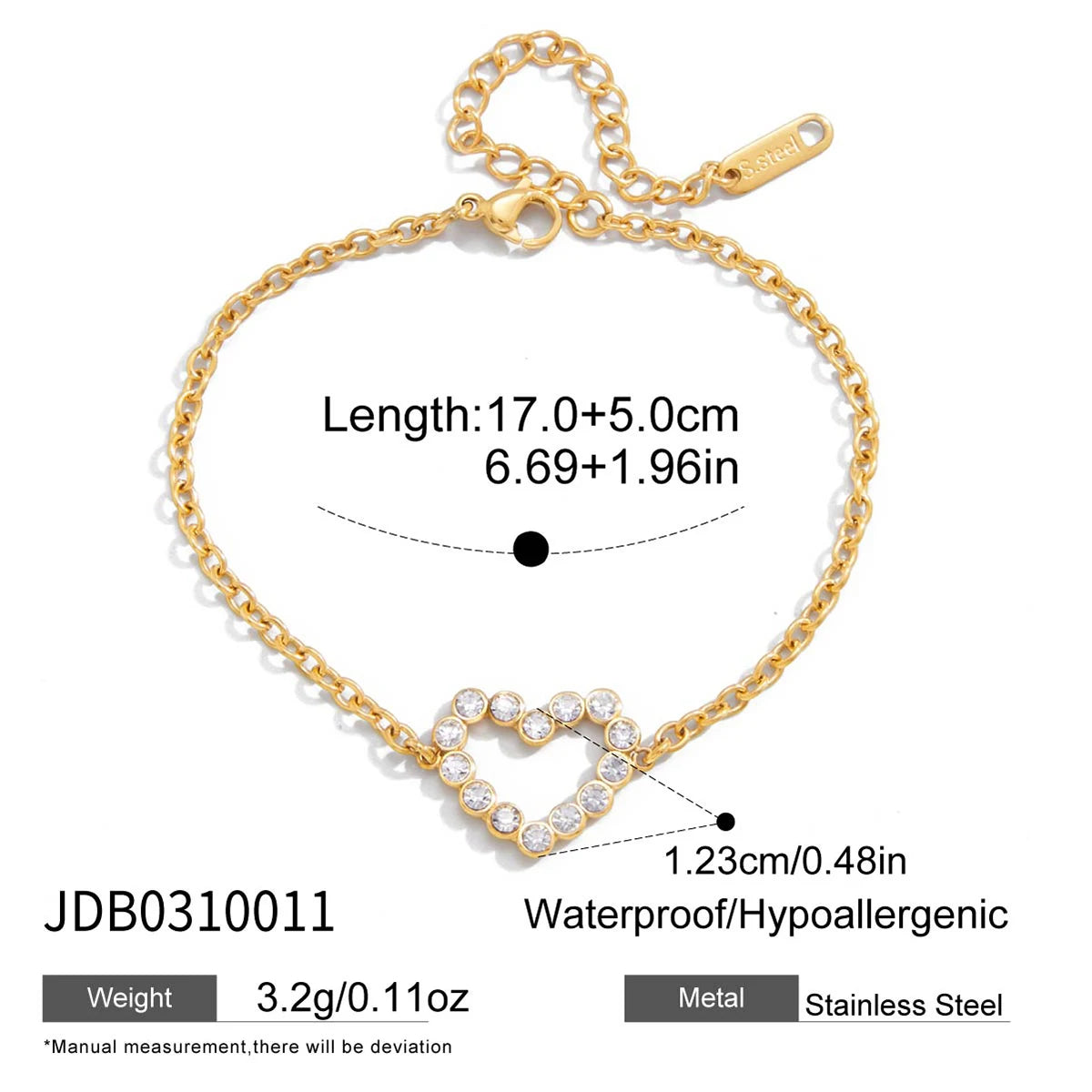 Pulsera Fina Con Hilera Ondulada y Dije De Corazon De Cristales | Dorado