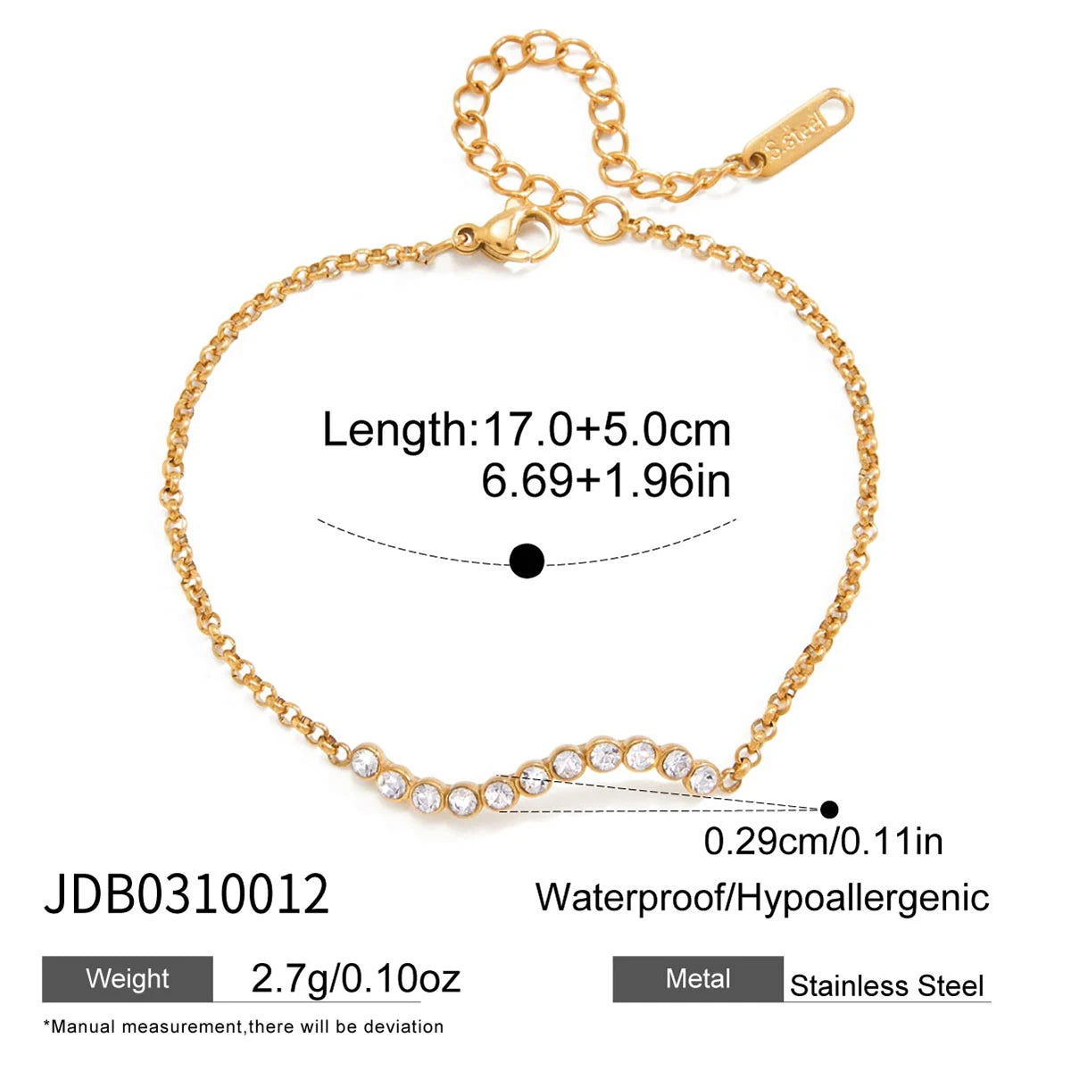 Pulsera Fina Con Hilera Ondulada y Dije De Corazon De Cristales | Dorado
