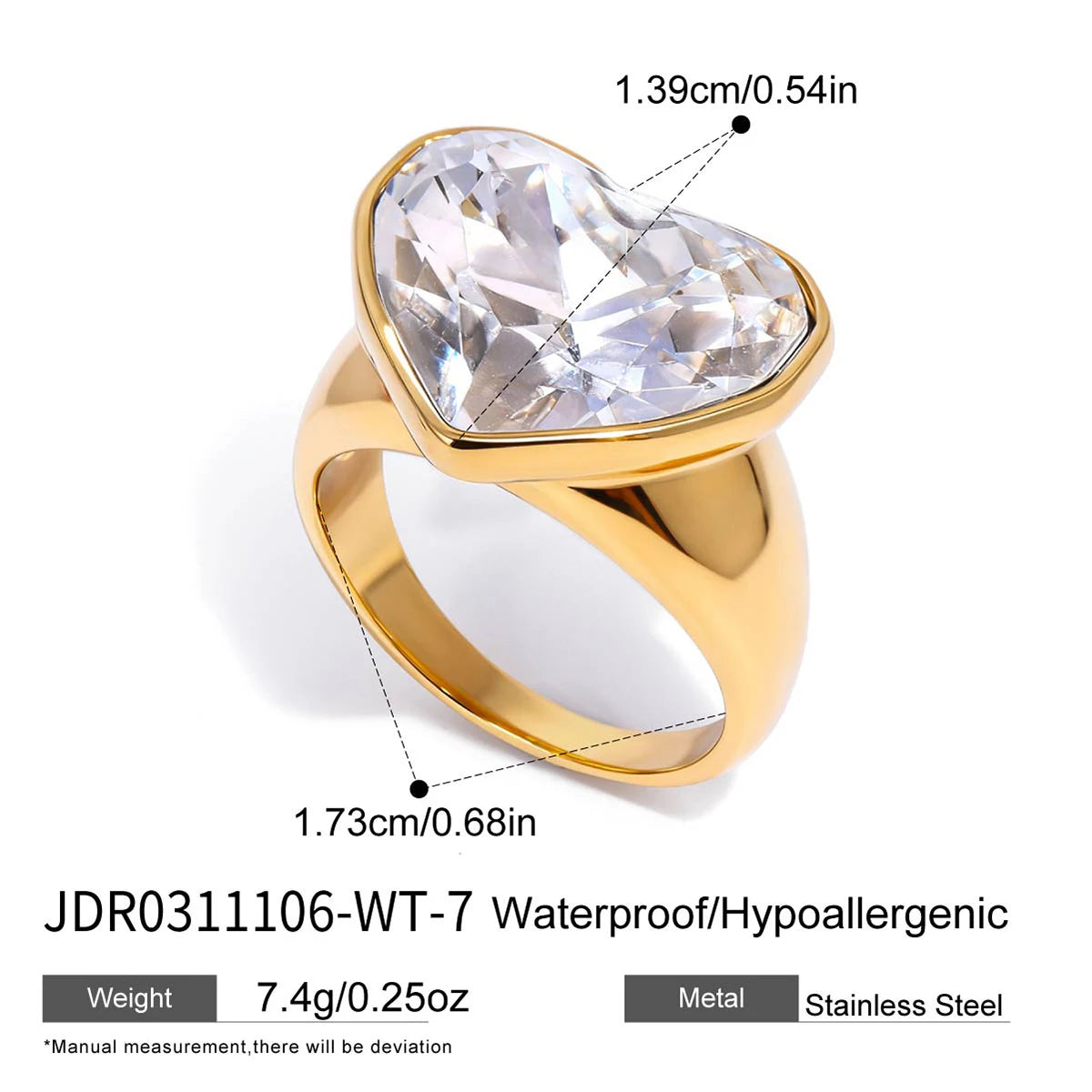 Anillo Grande Corazon Brillante Blanco | Dorado