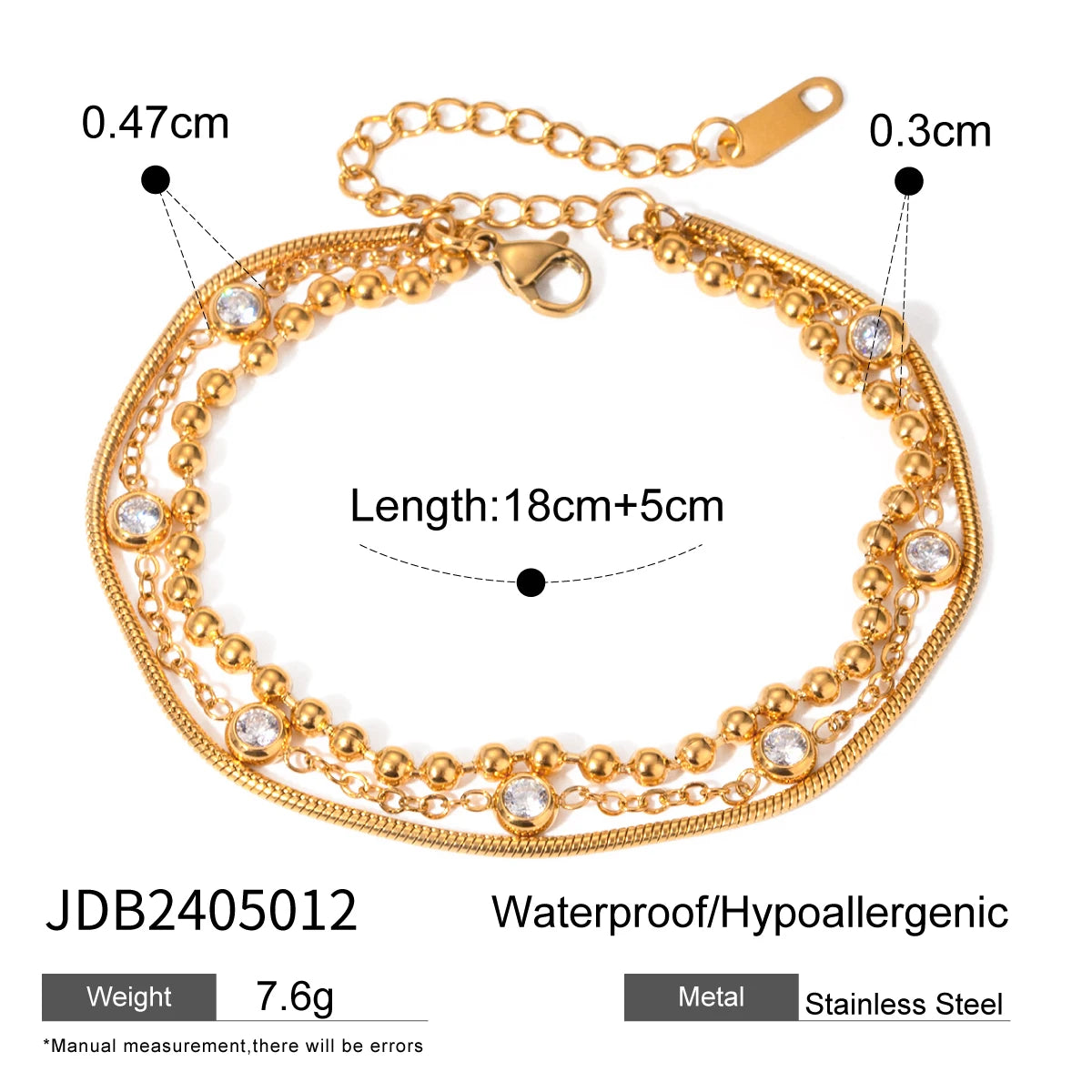 Pulsera Triple Cadena Con Puntos Y Circones | Dorado