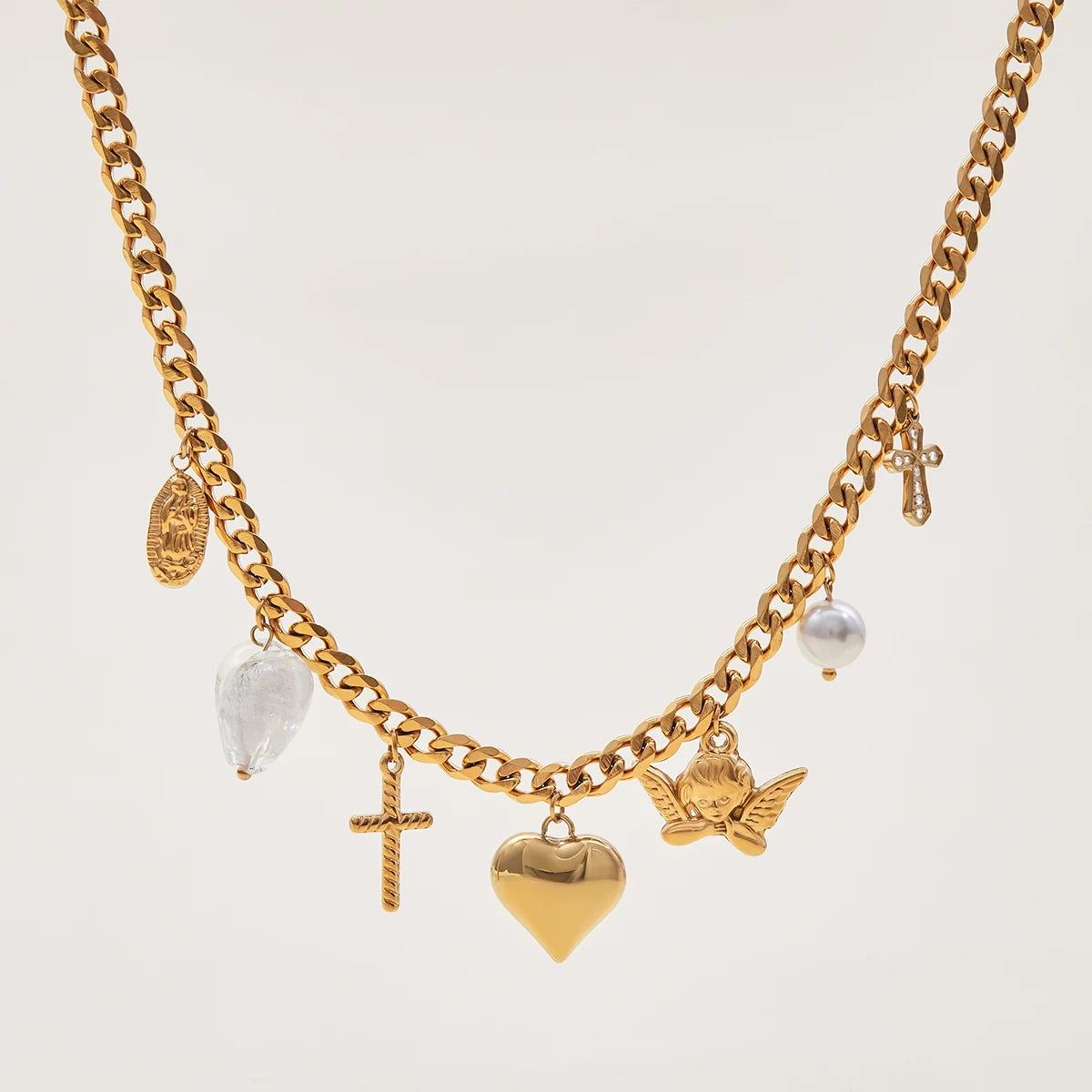 Collar Multi Dijes Corazon, Cruz, Virgen, Perla, Ángel | Dorado