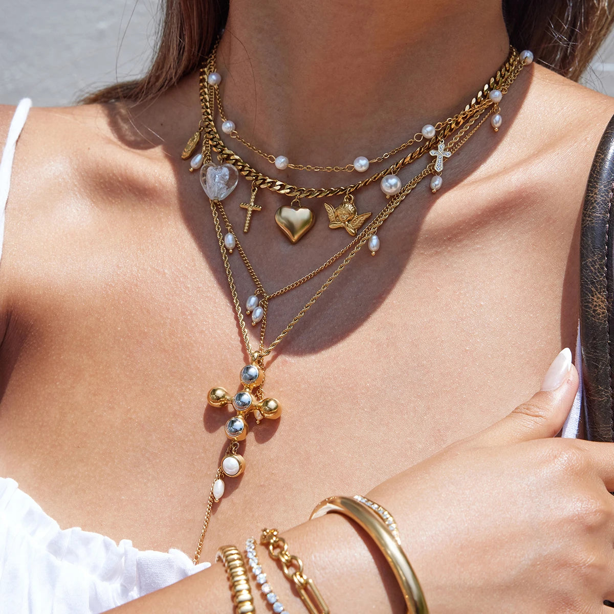 Collar Multi Dijes Corazon, Cruz, Virgen, Perla, Ángel | Dorado